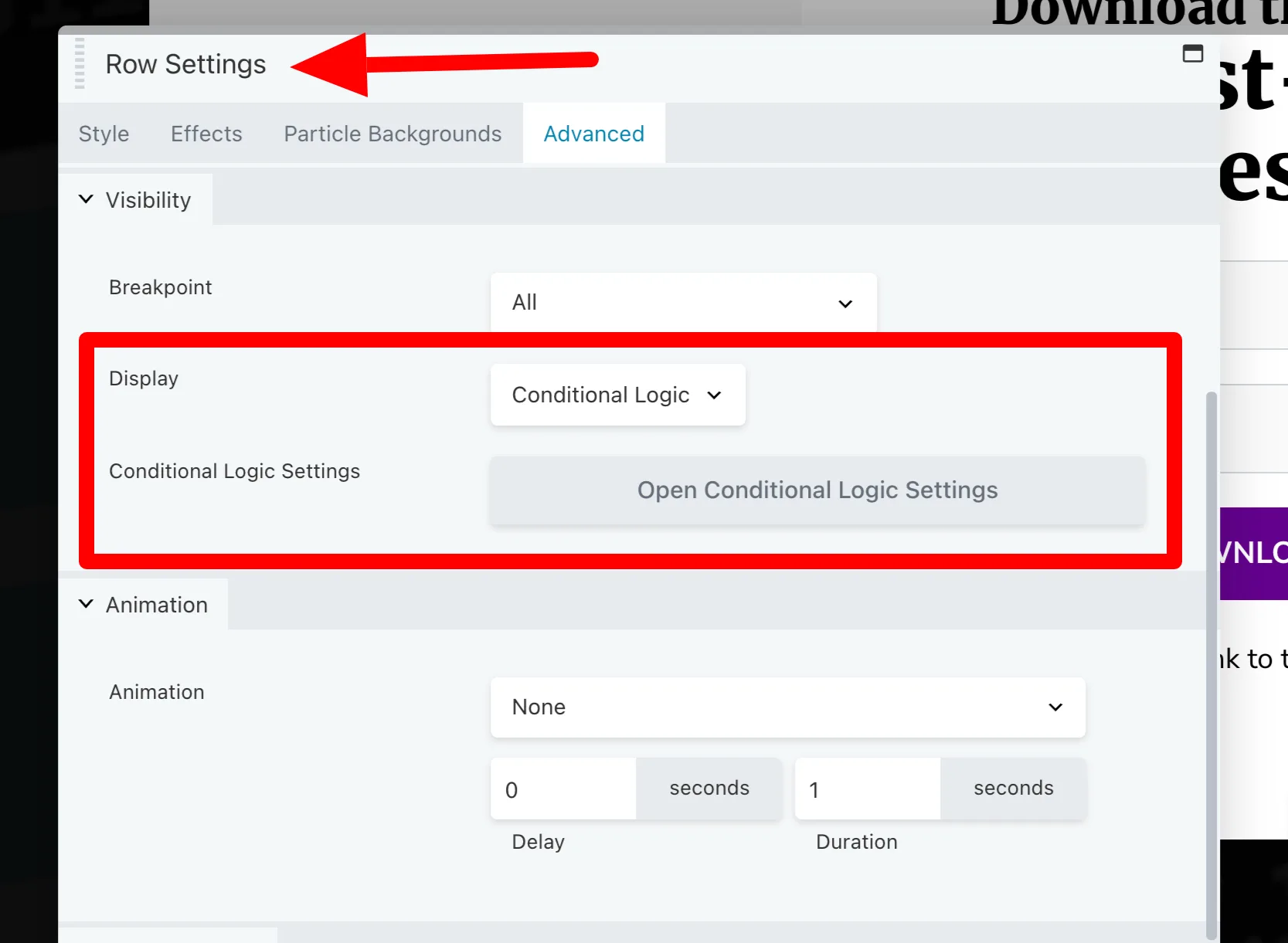 Beaver Builder - Conditional Logic - showing settings panel