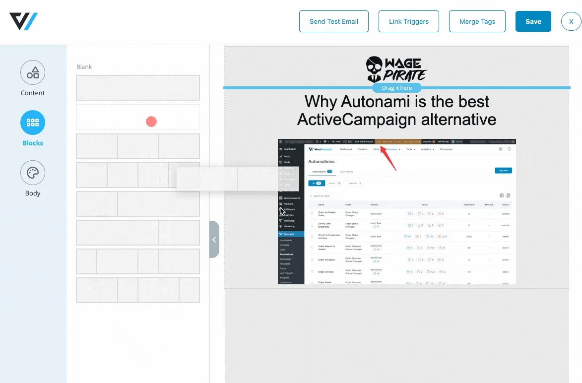 FunnelKit Automations animated gif email builder drag and drop example