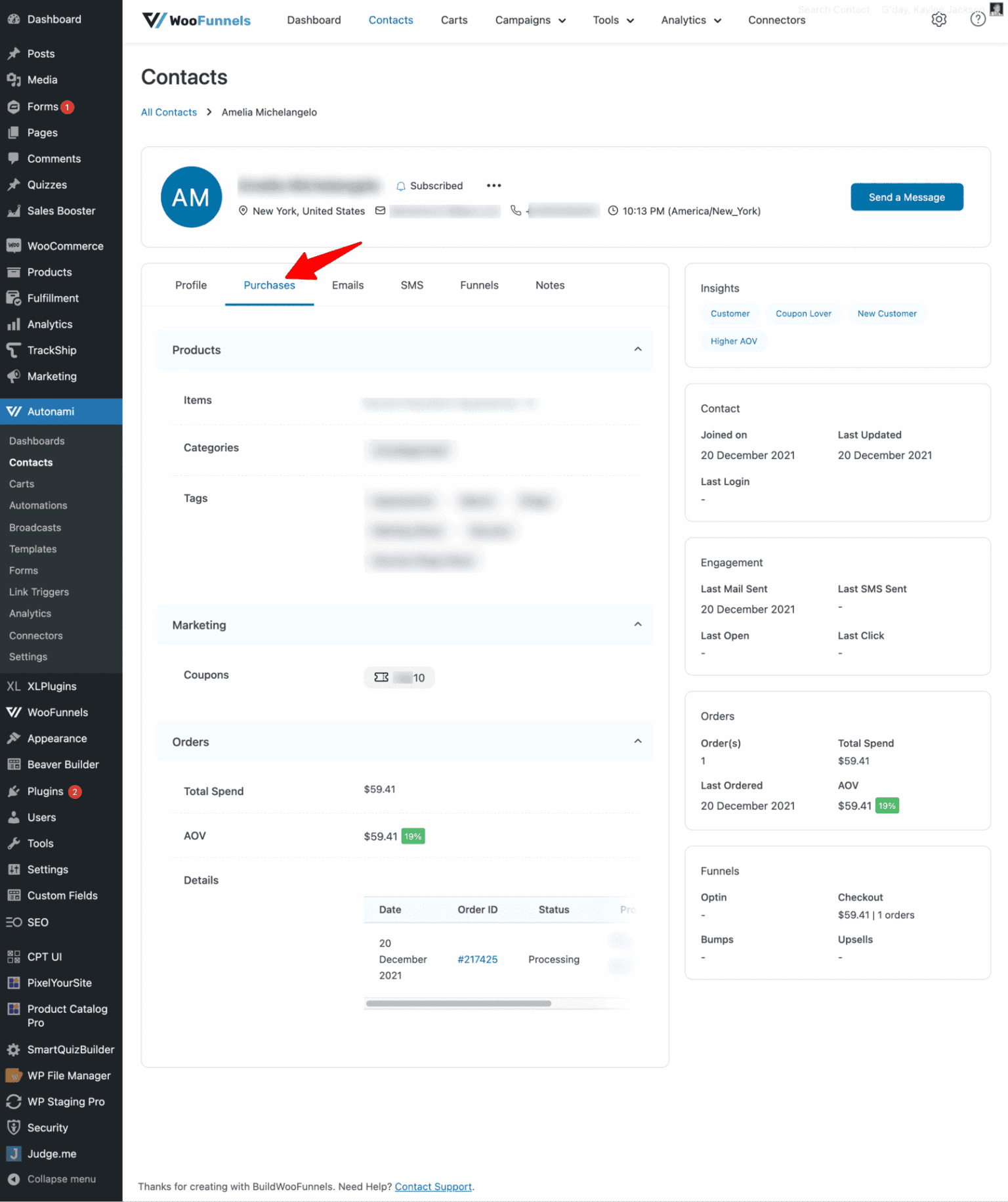 FunnelKit Automations Contacts Purchases example tab
