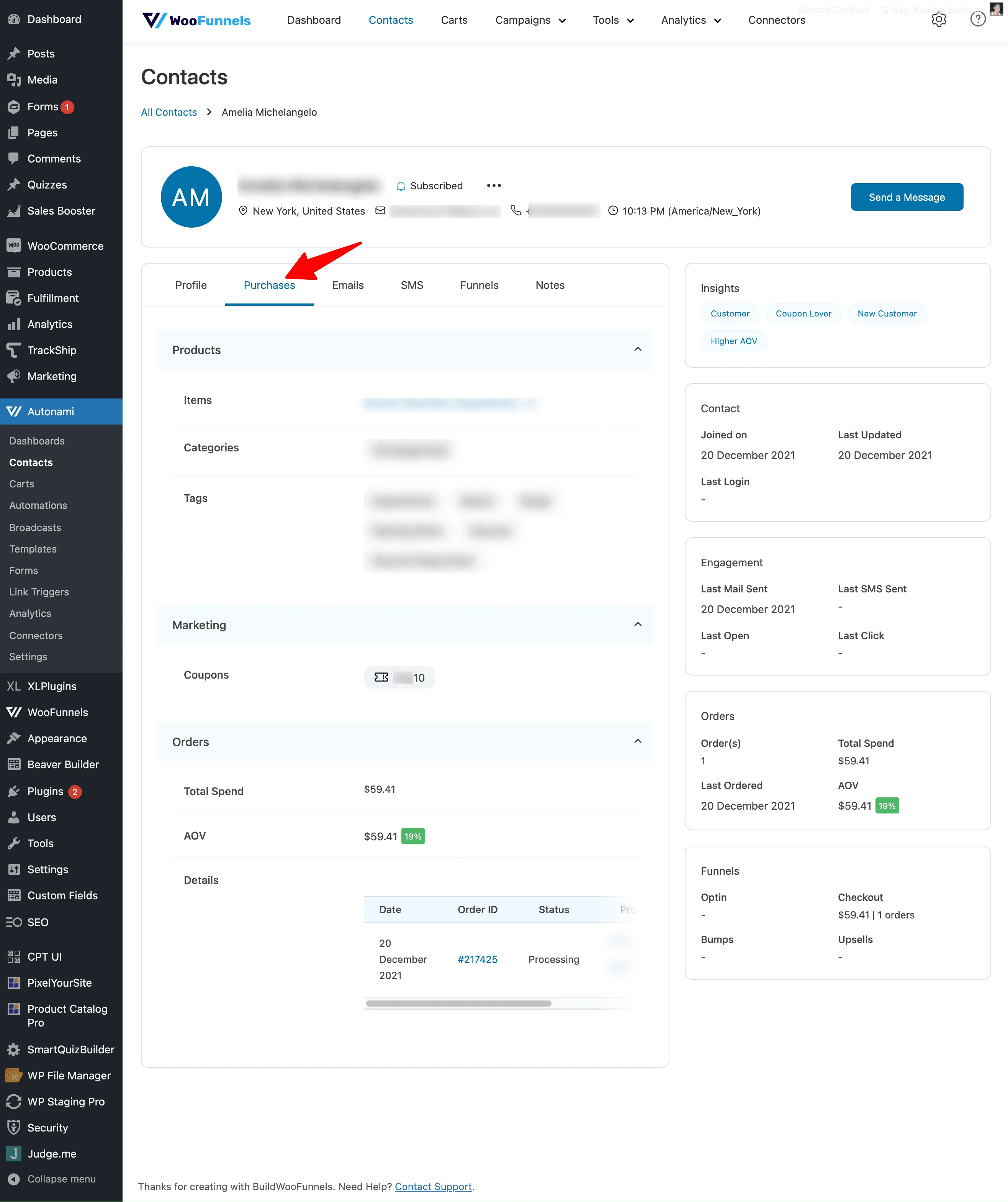 FunnelKit Automations Contacts Purchases example tab