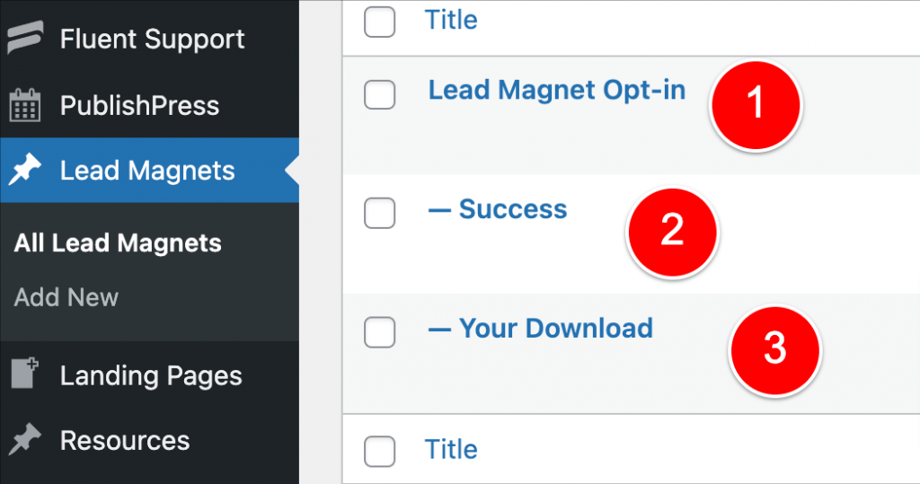 Lead Magnets - menu item in WP admin menu showing three 3 pages needed per lead magnet