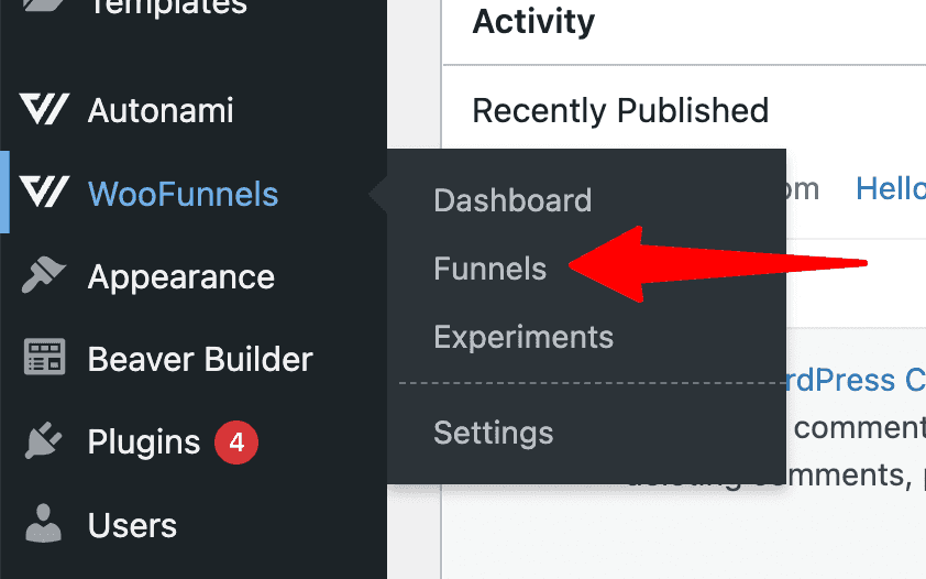 WooFunnels Funnels admin menu item - WooFunnels > Funnels