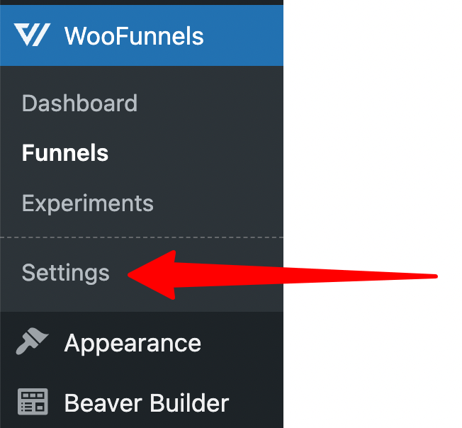 WooFunnels Settings admin menu item - WooFunnels > Settings