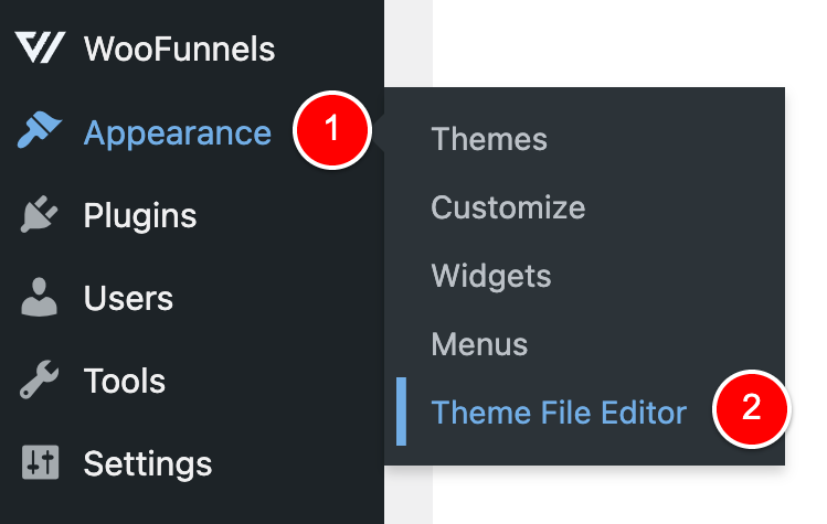 Appearance > Theme File Editor - WP Admin menu wordpress menu