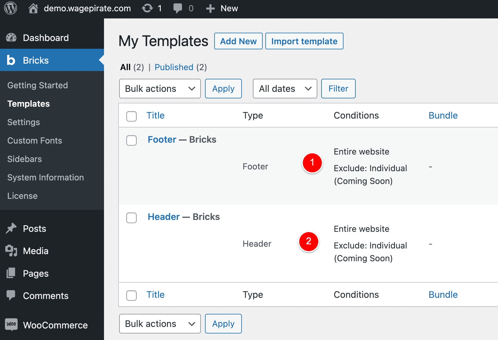 wp admin area - bricks > templates - header and footer conditions exclusions coming soon