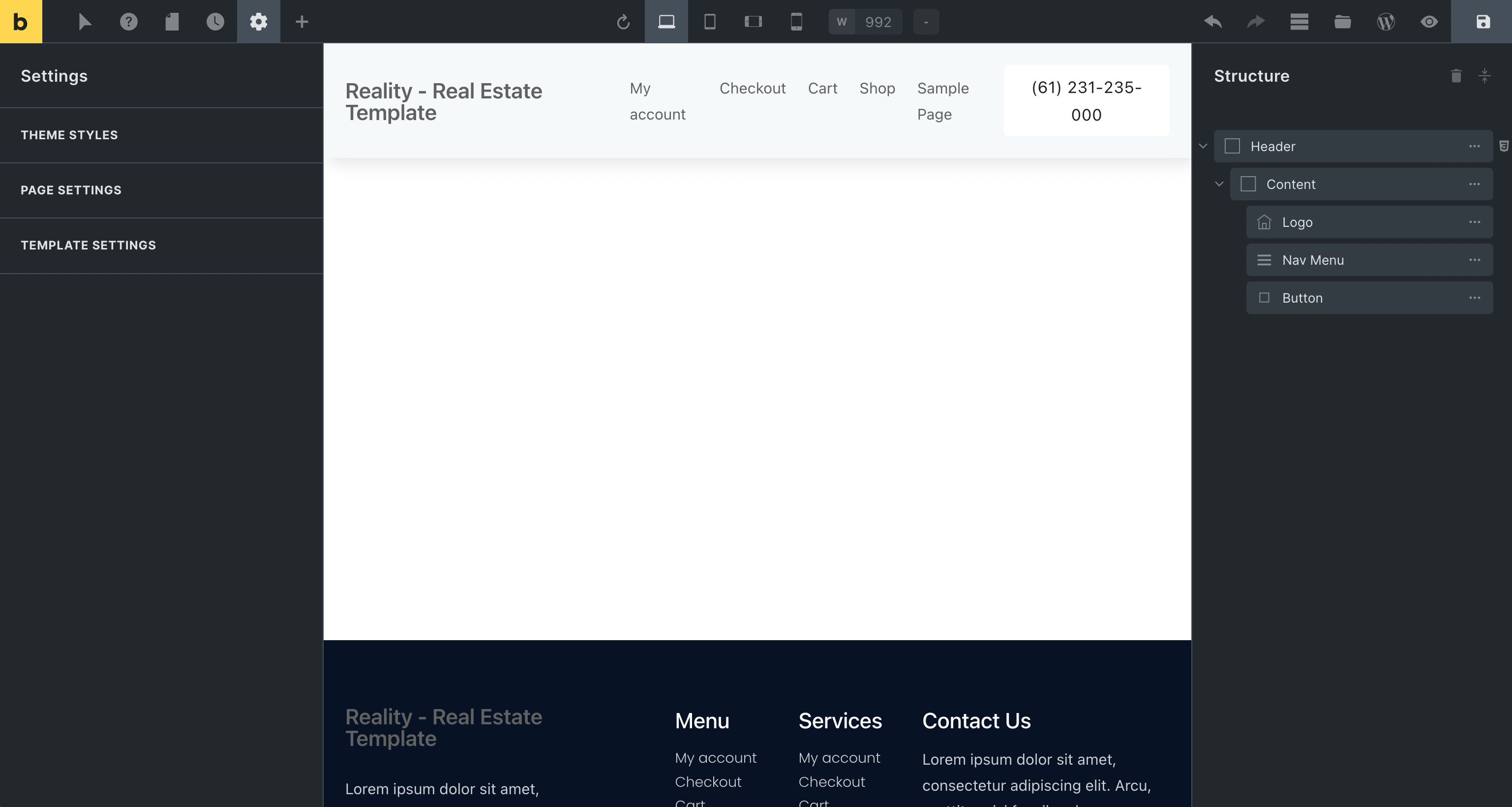 bricks builder - editor showing header and footer empty content no content