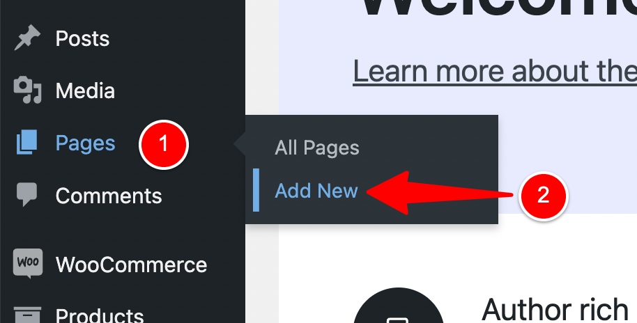 Pages > Add New - add new page wp admin menu