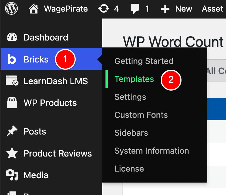 bricks > templates - wp admin menu item