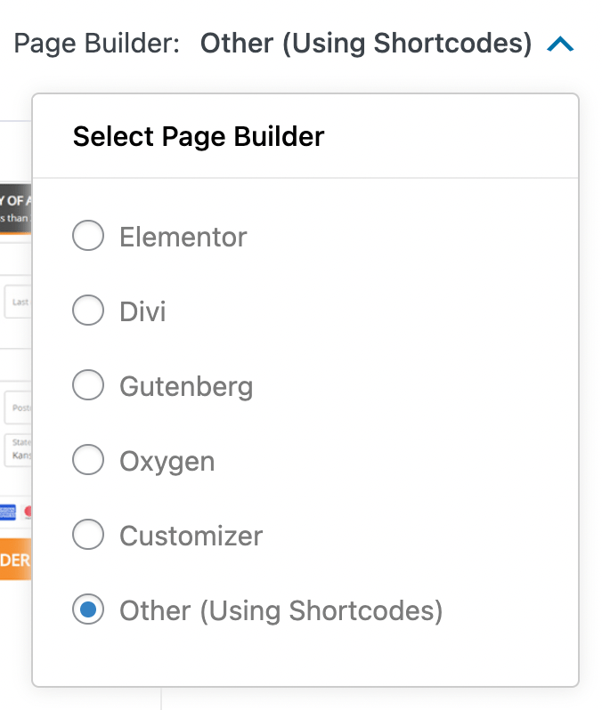 woofunnels > funnels > page builder other using shortcodes list of all page builders dropdown